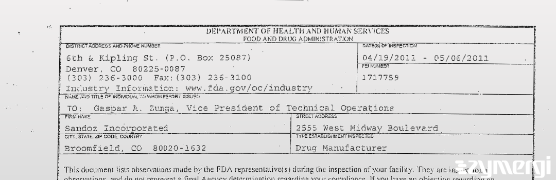 FDANews 483 Sandoz Incorporated May 6 2011 top