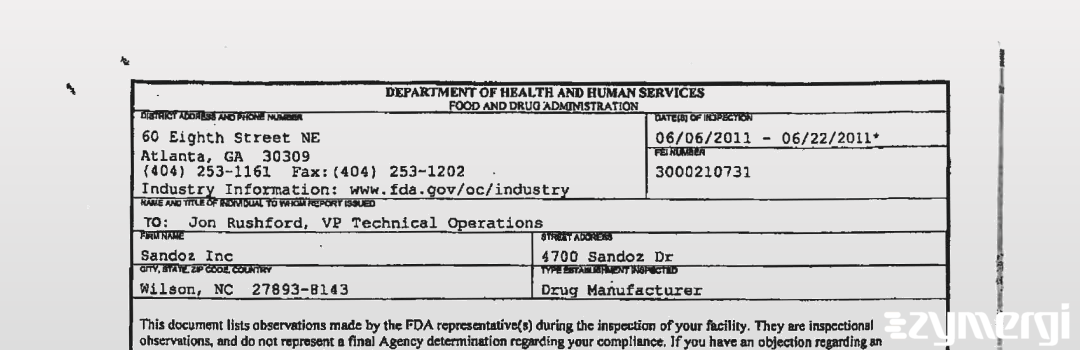 FDANews 483 Sandoz Inc Jun 22 2011 top