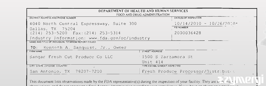 FDANews 483 Sangar Fresh Cut Produce LLC Oct 26 2010 top