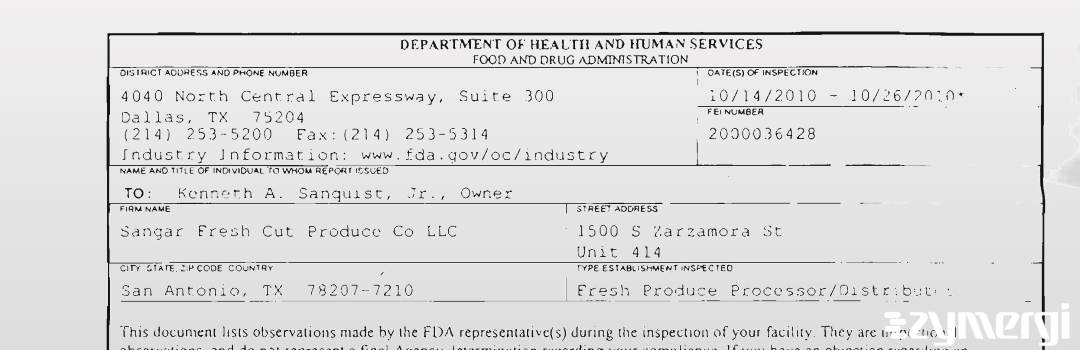 FDANews 483 Sangar Fresh Cut Produce LLC Oct 26 2010 top