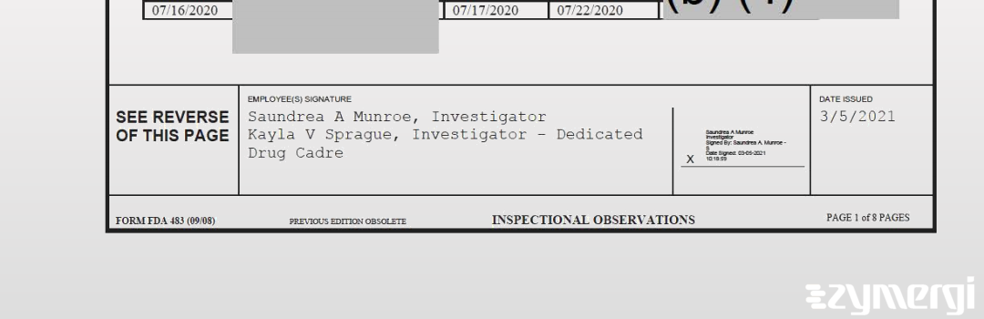 Saundrea A. Munroe FDA Investigator Kayla V. Sprague FDA Investigator