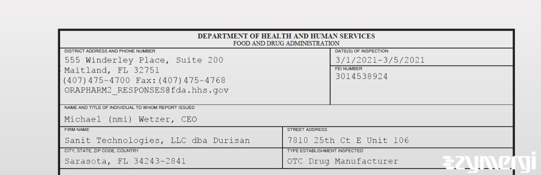 FDANews 483 Sanit Technologies, LLC dba Durisan Mar 5 2021 top