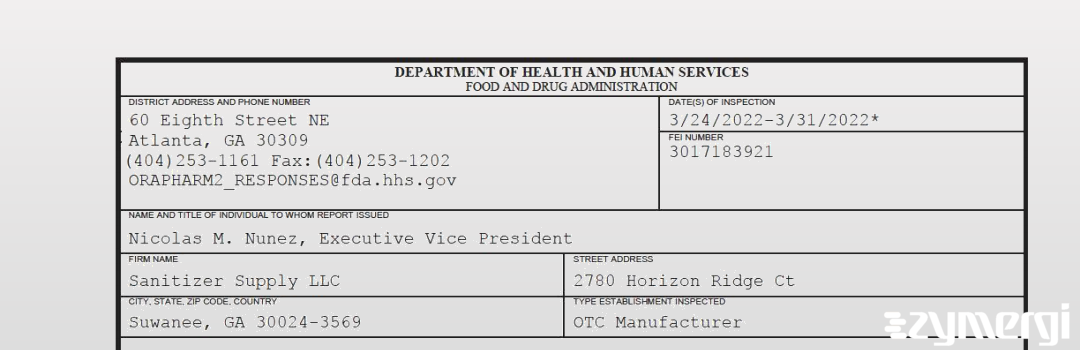 FDANews 483 Sanitizer Supply LLC Mar 31 2022 top