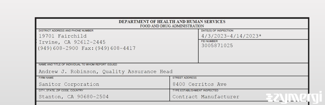 FDANews 483 Sanitor Corporation Apr 14 2023 top