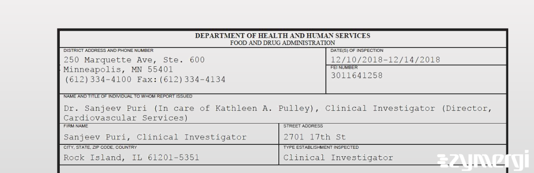 FDANews 483 Sanjeev Puri, Clinical Investigator Dec 14 2018 top