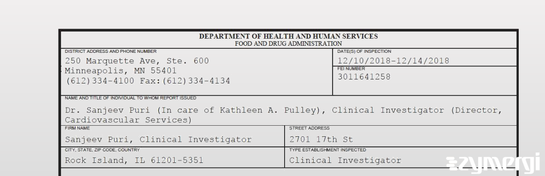 FDANews 483 Sanjeev Puri, Clinical Investigator Dec 14 2018 top