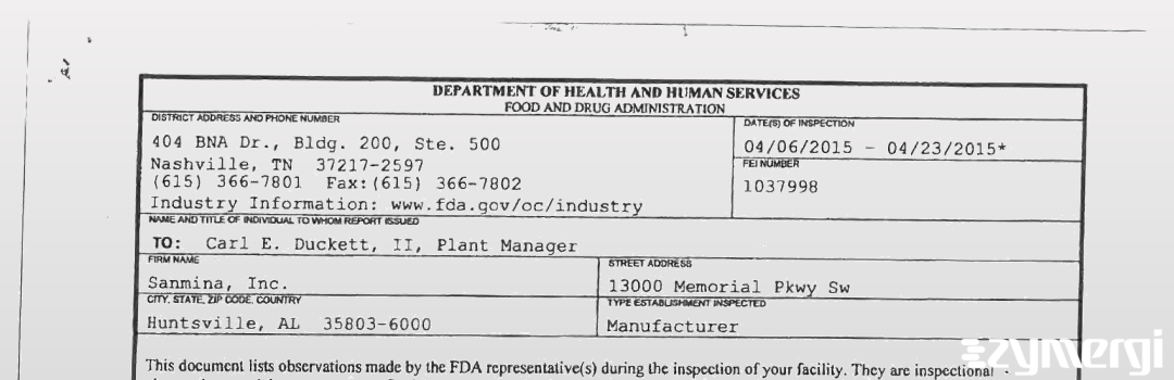 FDANews 483 Sanmina, Inc. Apr 23 2015 top