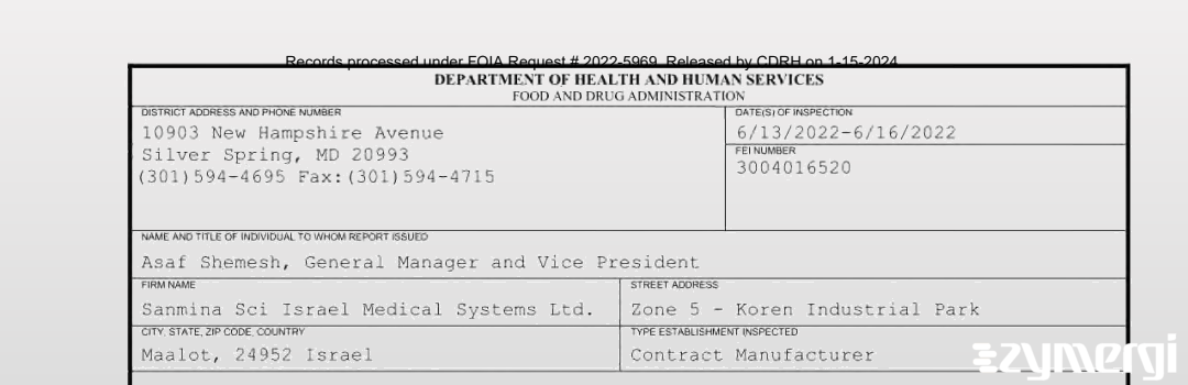 FDANews 483 Sanmina Sci Israel Medical Systems Ltd. Jun 16 2022 top