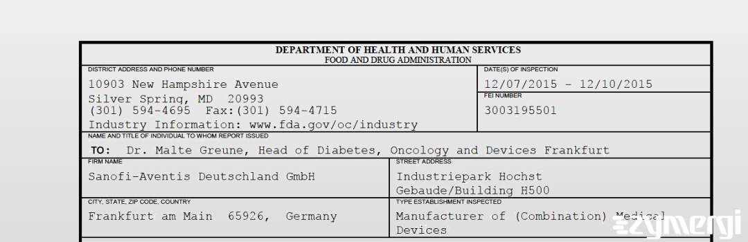 FDANews 483 Sanofi-Aventis Deutschland GmbH Dec 10 2015 top