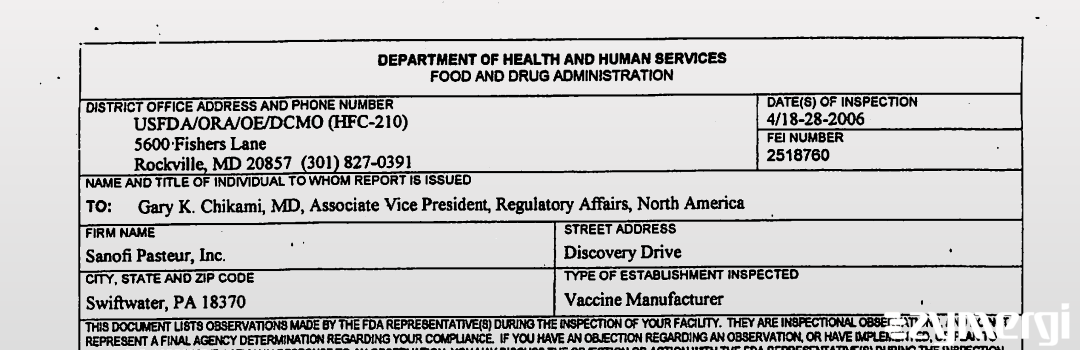 FDANews 483 Sanofi Pasteur Inc. Apr 28 2006 top