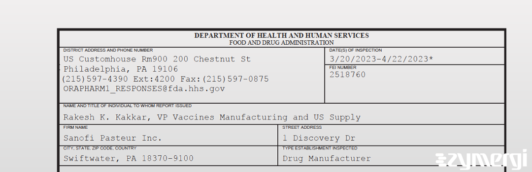 FDANews 483 Sanofi Pasteur Inc. Apr 22 2023 top