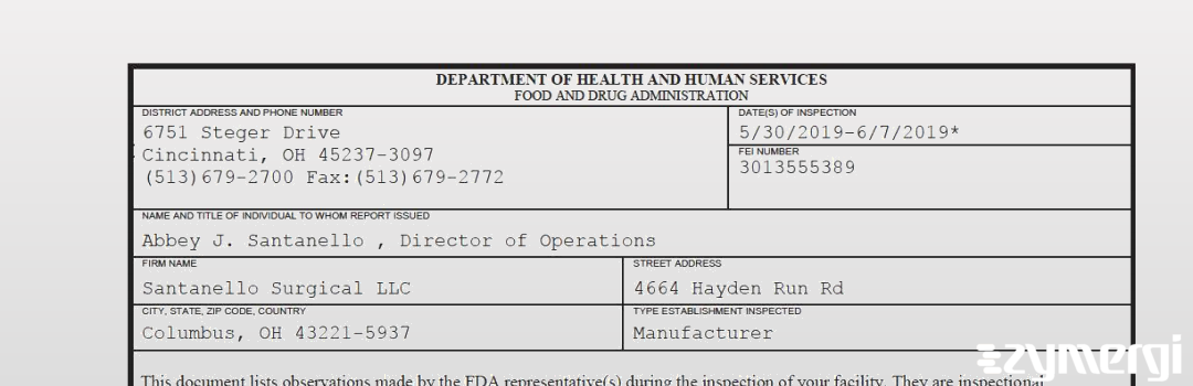 FDANews 483 Santanello Surgical LLC Jun 7 2019 top