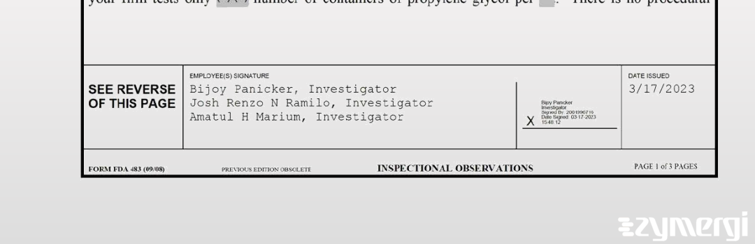 Bijoy Panicker FDA Investigator Amatul H. Marium FDA Investigator Josh Renzo Ramilo FDA Investigator Ramilo, Josh Renzo N FDA Investigator 