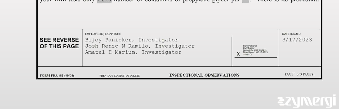 Bijoy Panicker FDA Investigator Amatul H. Marium FDA Investigator Josh Renzo Ramilo FDA Investigator Ramilo, Josh Renzo N FDA Investigator