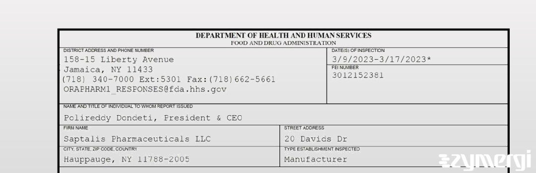 FDANews 483 Saptalis Pharmaceuticals LLC Mar 17 2023 top