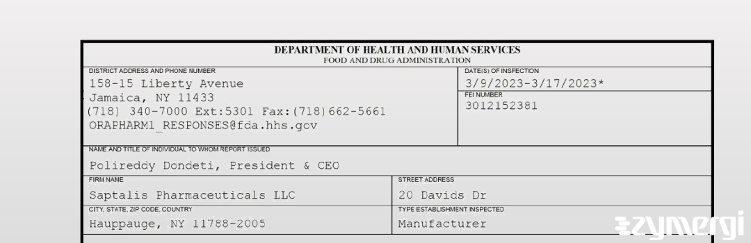 FDANews 483 Saptalis Pharmaceuticals LLC Mar 17 2023 top