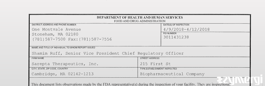 FDANews 483 Sarepta Therapeutics, Inc. Apr 12 2018 top