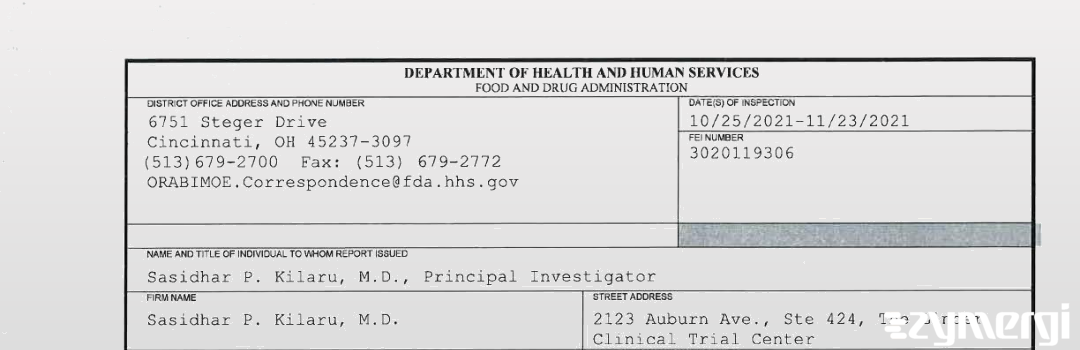 FDANews 483 Sasidhar P. Kilaru, M.D. Nov 23 2021 top