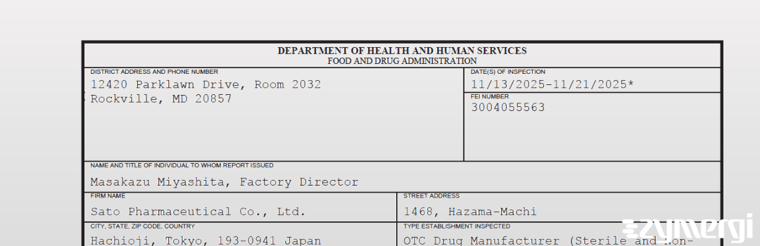 FDANews 483 Sato Pharmaceutical Co., Ltd. Nov 21 2025 top