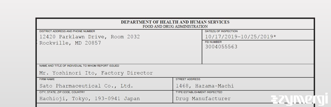 FDANews 483 Sato Pharmaceutical Co., Ltd. Oct 25 2019 top