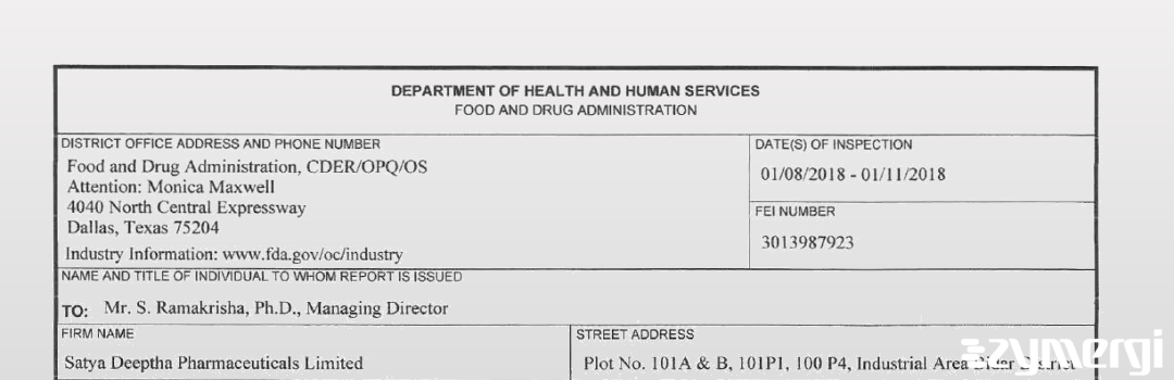 FDANews 483 Satya Deeptha Pharmaceuticals Limited Jan 11 2018 top