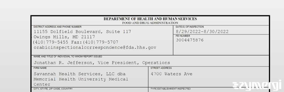 FDANews 483 Savannah Health Services, LLC dba Memorial Health University Medical Center Aug 30 2022 top