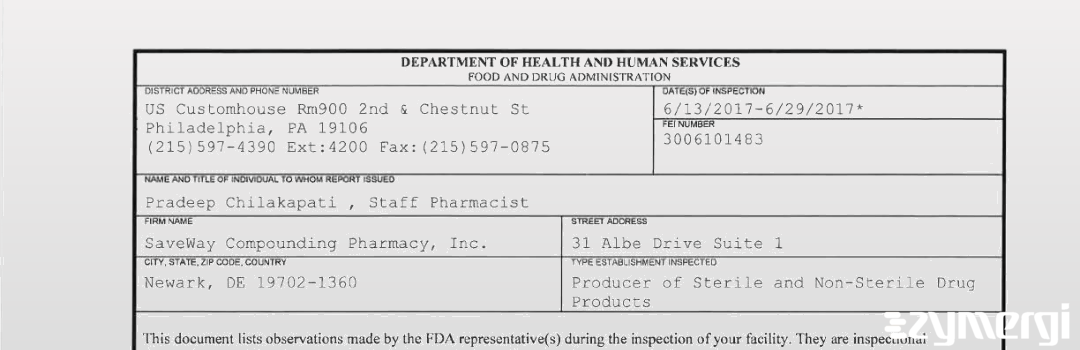 FDANews 483 SaveWay Compounding Pharmacy, Inc. Jun 29 2017 top