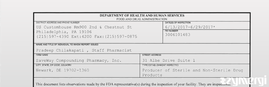 FDANews 483 SaveWay Compounding Pharmacy, Inc. Jun 29 2017 top