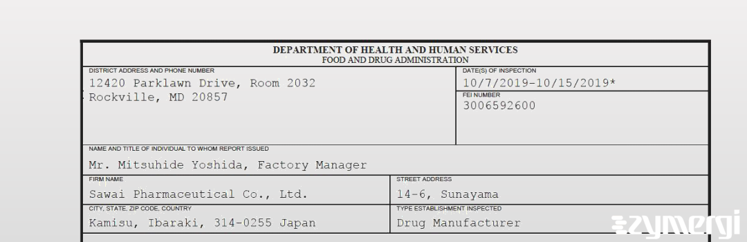 FDANews 483 Sawai Pharmaceutical Co., Ltd. Oct 15 2019 top