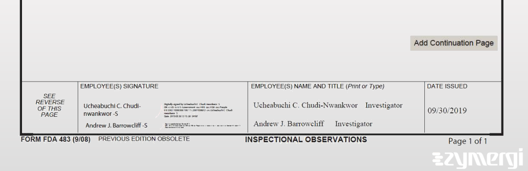 Andrew J. Barrowcliff FDA Investigator Ucheabuchi C. Chudi-Nwankwor FDA Investigator