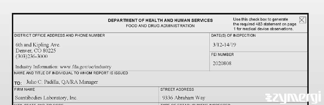 FDANews 483 Scantibodies Laboratory, Inc. Mar 14 2019 top