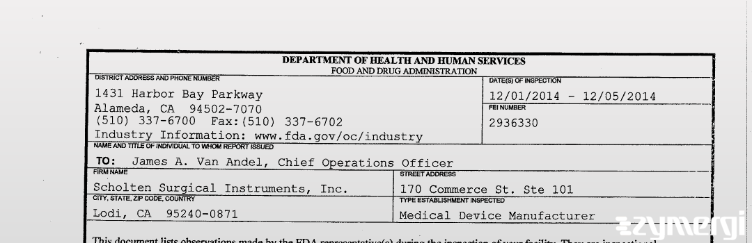 FDANews 483 Scholten Surgical Instruments Dec 5 2014 top