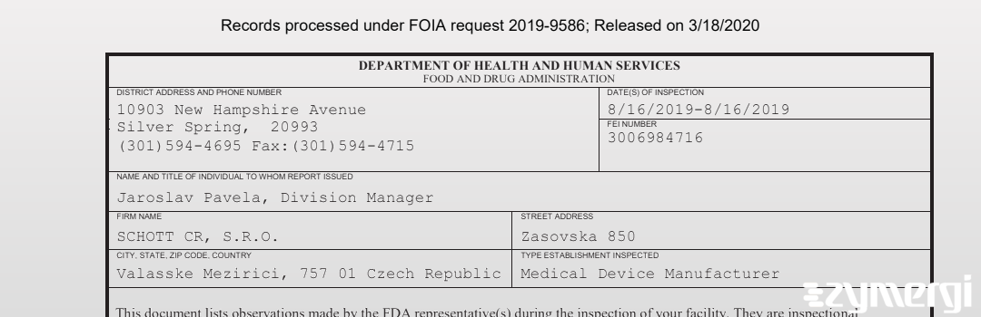 FDANews 483 SCHOTT CR, S.R.O. Aug 16 2019 top