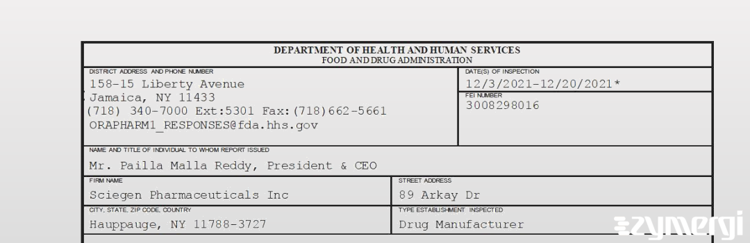 FDANews 483 Sciegen Pharmaceuticals Inc Dec 20 2021 top