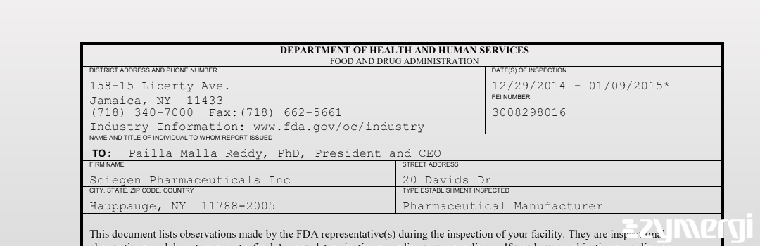 FDANews 483 Sciegen Pharmaceuticals Inc Jan 9 2015 top