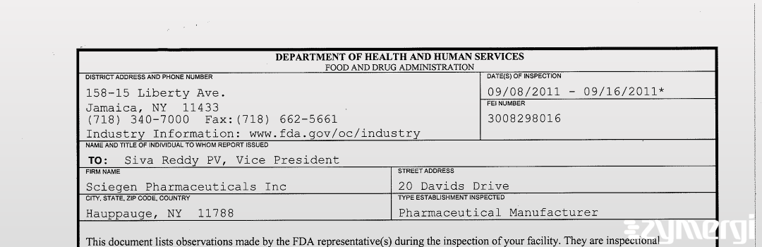 FDANews 483 Sciegen Pharmaceuticals Inc Sep 16 2011 top