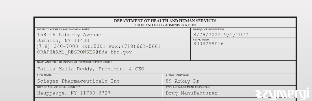 FDANews 483 Sciegen Pharmaceuticals Inc Sep 2 2022 top