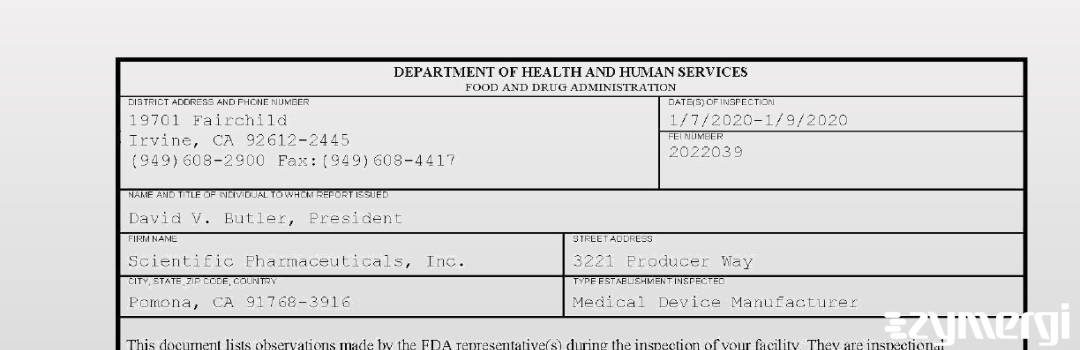 FDANews 483 Scientific Pharmaceuticals, Inc. Jan 9 2020 top