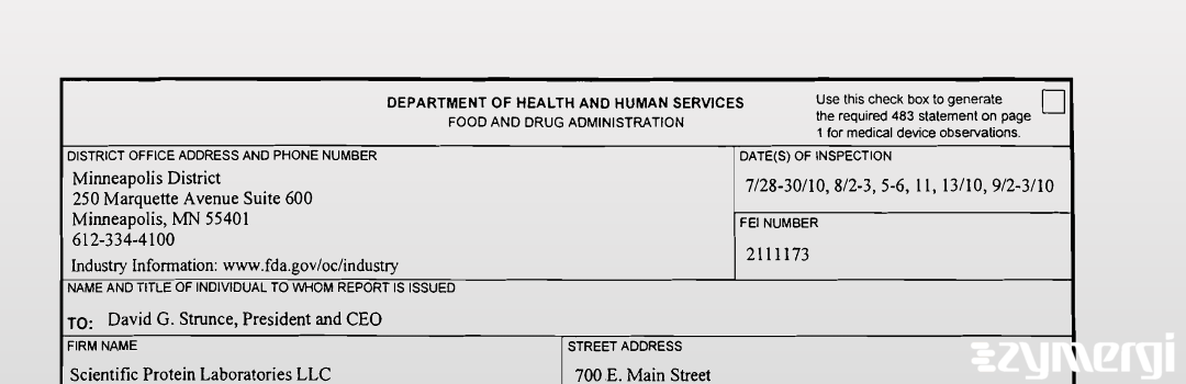 FDANews 483 Scientific Protein Laboratories, LLC Sep 3 2010 top