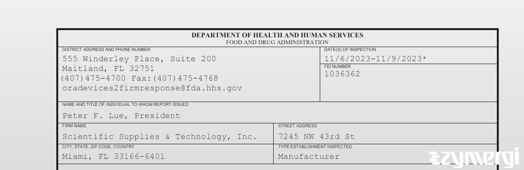 FDANews 483 Scientific Supplies & Technology, Inc. Nov 9 2023 top