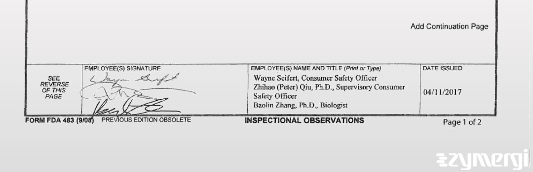 Wayne E. Seifert FDA Investigator Zhihao Pete Qiu FDA Investigator 