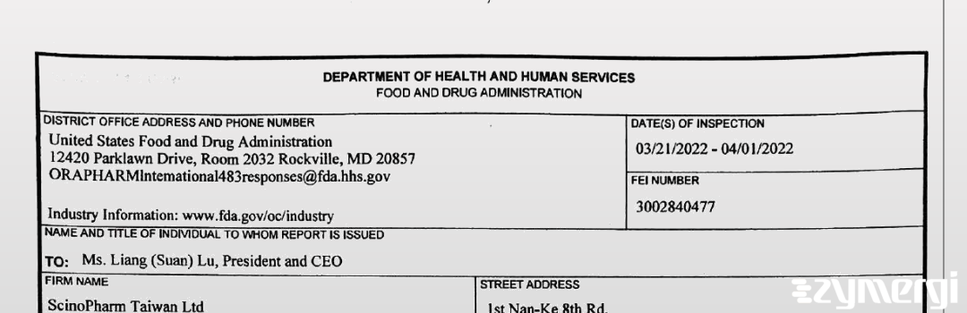 FDANews 483 Scinopharm Taiwan Ltd Apr 1 2022 top