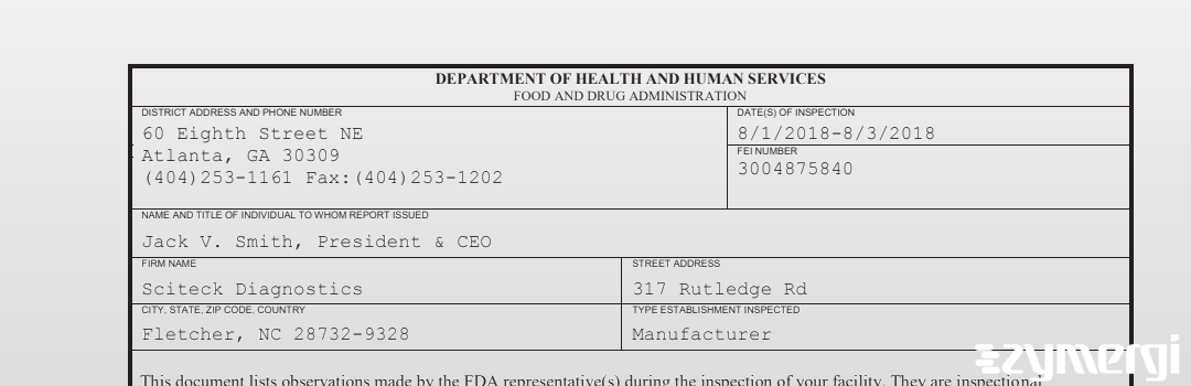 FDANews 483 Sciteck Diagnostics Aug 3 2018 top