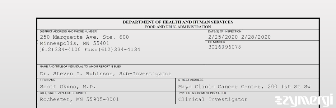 FDANews 483 Scott Okuno, M.D. Feb 28 2020 top