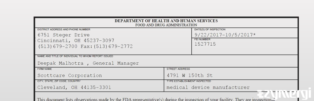 FDANews 483 Scottcare Corporation Oct 5 2017 top