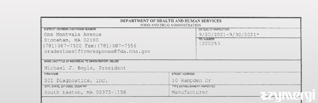 FDANews 483 SDI Diagnostics, Inc. Sep 30 2021 top