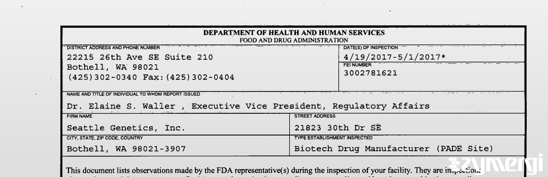 FDANews 483 Seattle Genetics, Inc. May 1 2017 top