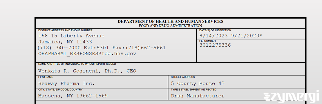 FDANews 483 Seaway Pharma Inc. Sep 21 2023 top