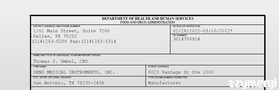 FDANews 483 SENO MEDICAL INSTRUMENTS, INC. Mar 10 2022 top