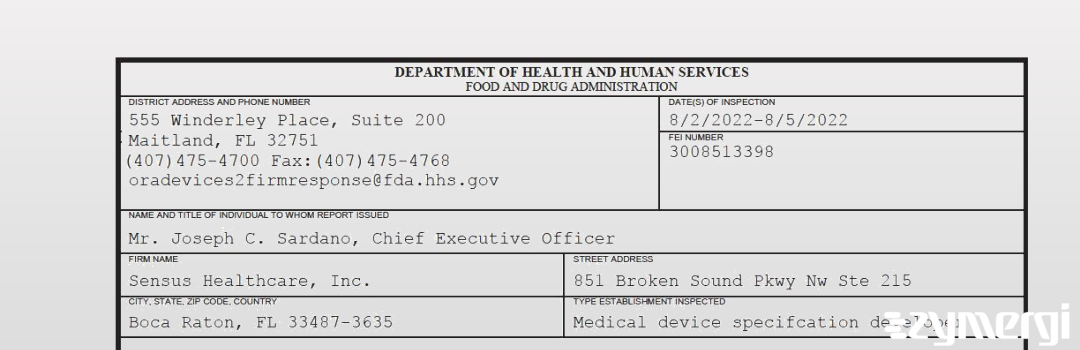 FDANews 483 Sensus Healthcare, Inc. Aug 5 2022 top